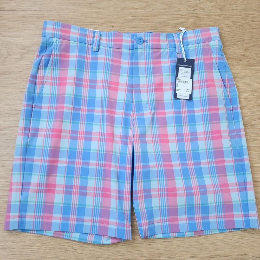 Vineyard Vines Breaker Shorts Mens Size 33 Pink Blue Plaid Pastel 8" Inseam NEW